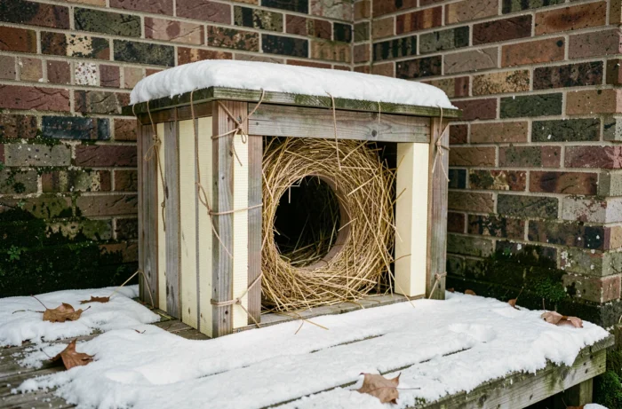 Abri pour chat errant en bois isolé avec de la paille et du polystyrène extrudé posé sur un porche enneigé en hiver