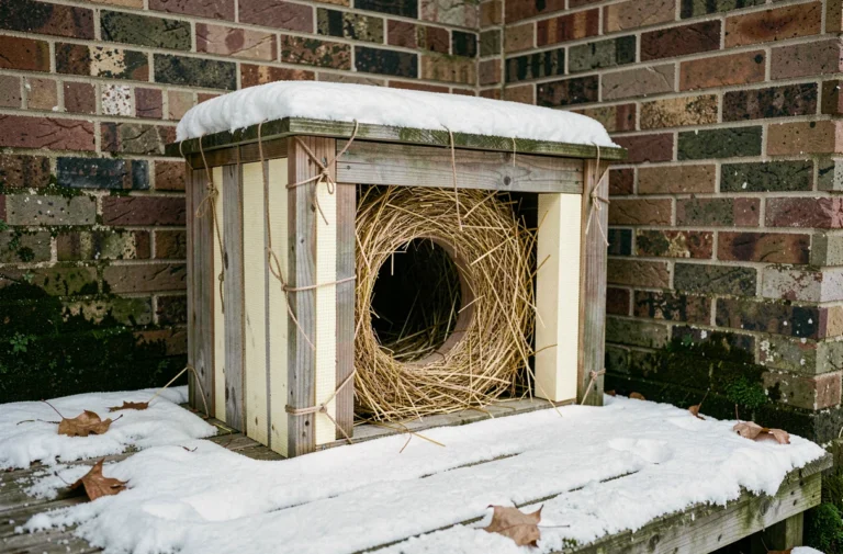 Abri pour chat errant en bois isolé avec de la paille et du polystyrène extrudé posé sur un porche enneigé en hiver