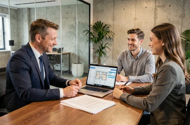 Couple discutant avec un agent immobilier autour de documents LMNP dans un bureau professionnel