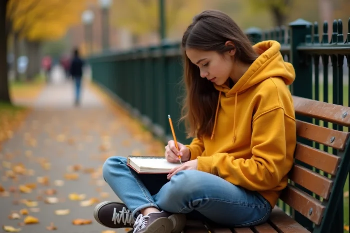 Adolescente révisant les vers d'un poème dans un carnet à spirale sur un banc de parc en automne