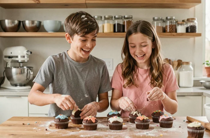 Deux adolescents qui décorent des muffins au chocolat faits maison dans une cuisine conviviale