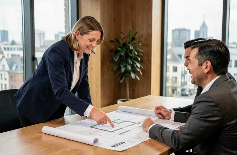 Agent immobilière belge expérimentée présentant des plans architecturaux à un couple dans une agence immobilière moderne à Bruxelles