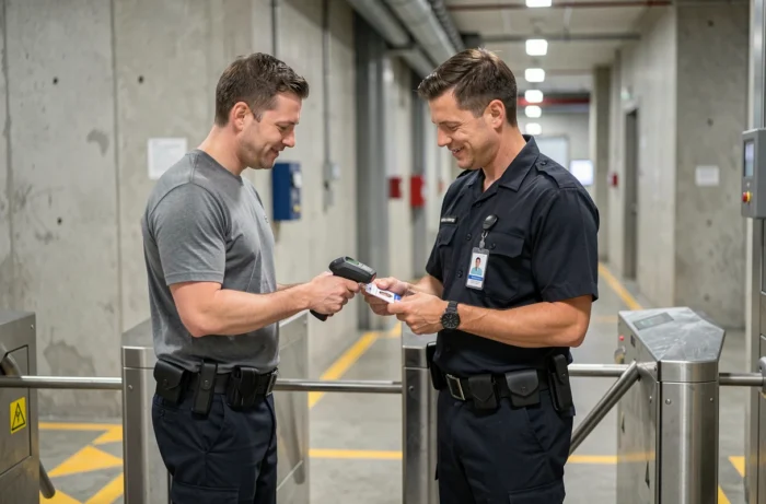 Agent de sécurité vérifiant un badge d'accès à l'entrée d'un site industriel sécurisé