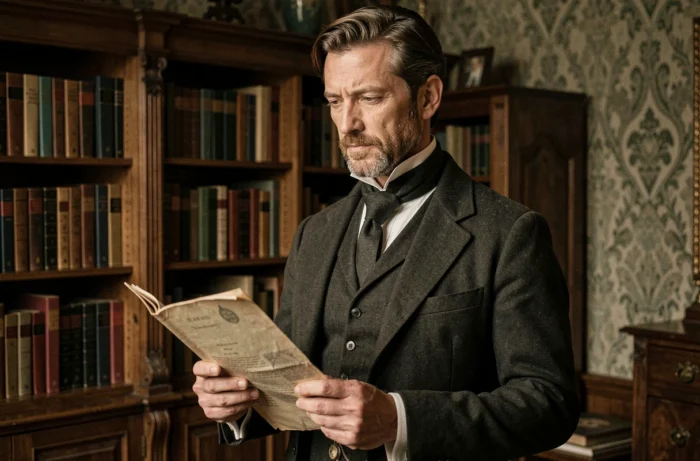 Acteur en costume victorien fin XIXe siècle tenant un dossier dans un bureau d'époque, ambiance sombre et historique évoquant la série L'Aliéniste saison 3