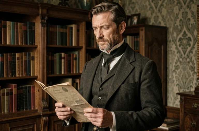 Acteur en costume victorien fin XIXe siècle tenant un dossier dans un bureau d'époque, ambiance sombre et historique évoquant la série L'Aliéniste saison 3