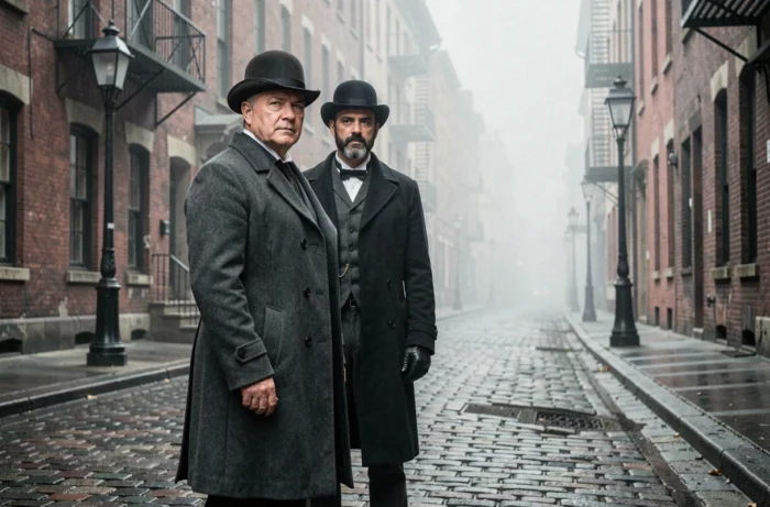 Deux acteurs en costumes d'époque dans une rue pavée brumeuse reconstituant le New York de 1900, scène extérieure évoquant l'univers de la série L'Aliéniste saison 3