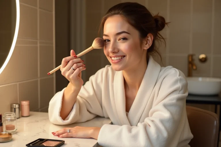 Femme appliquant du fard à paupières avec un pinceau devant un miroir de coiffeuse, étape essentielle du maquillage des yeux