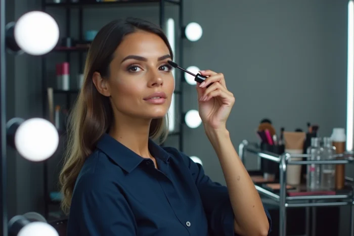 Femme appliquant du mascara dans un studio de maquillage professionnel, étape clé pour réussir le maquillage des yeux