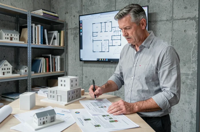 Arquitecto belga experimentado examinando maquetas y planes inmobiliarios en un estudio profesional moderno