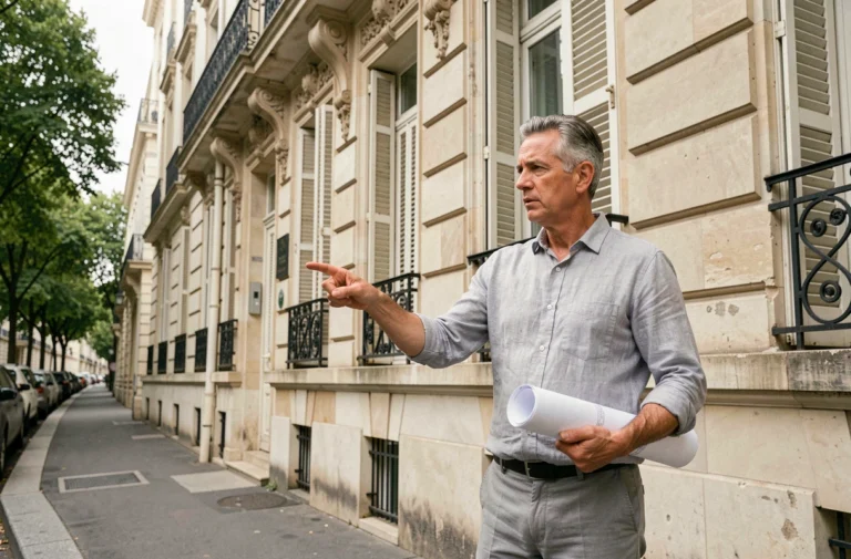 Architecte examinant la façade d'un immeuble haussmannien avec des plans pour une demande d'autorisation de modification
