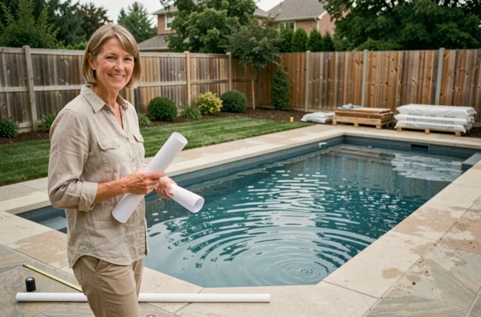 Architecte paysagiste mesurant les dimensions d'une piscine enterrée dans un jardin résidentiel lors de la phase de planification