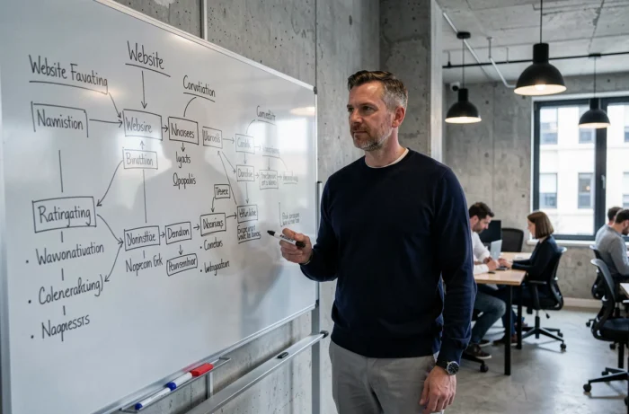 Homme présentant l'architecture de navigation d'un magazine en ligne sur un tableau blanc dans un espace de coworking