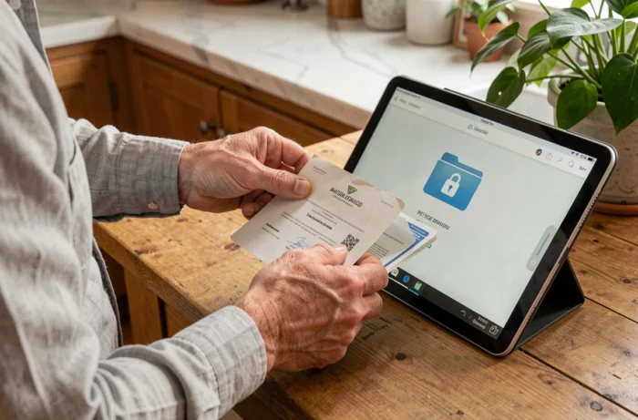 Mains organisant des documents officiels dans une application de coffre-fort numérique sur une tablette à la maison