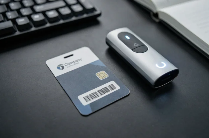 Gros plan d'un badge RFID de contrôle d'accès posé sur un bureau à côté d'un lecteur électronique