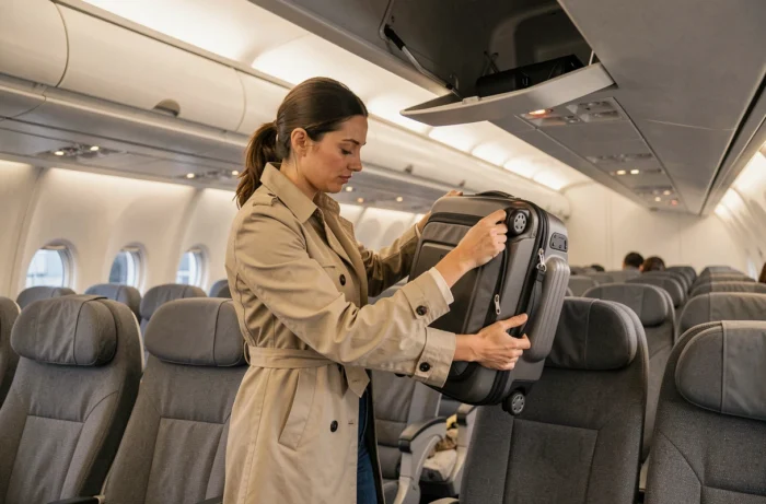 Passagère plaçant un bagage cabine dans le compartiment supérieur d'un avion Transavia