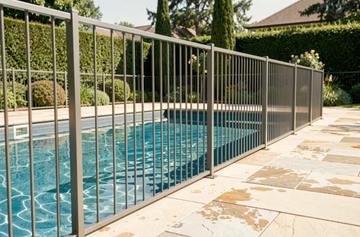 Barrière de piscine en aluminium conforme aux normes de hauteur minimale avec piscine résidentielle en arrière-plan