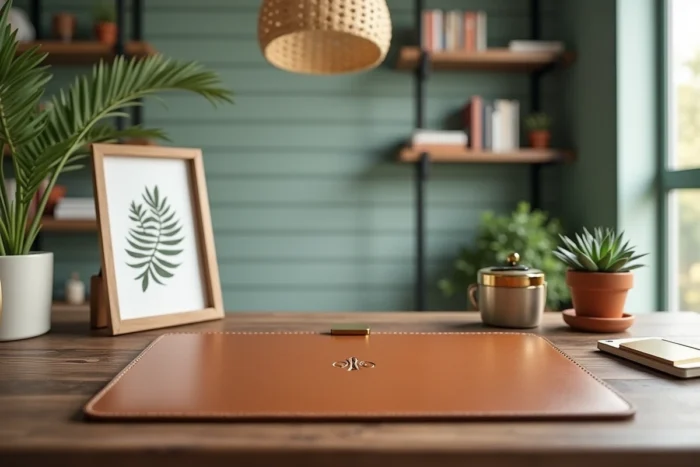 Bureau à domicile avec accessoires personnalisés : tapis de bureau en cuir gravé, porte-stylos monogrammé en laiton et impression botanique encadrée sur plateau en noyer