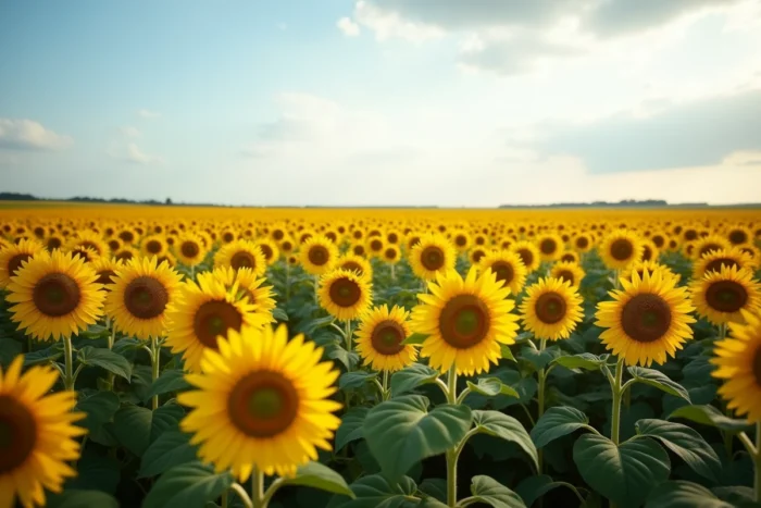 Vaste champ de tournesols s'étendant à l'horizon, illustration du symbolisme d'optimisme et de bonheur dans le langage des fleurs