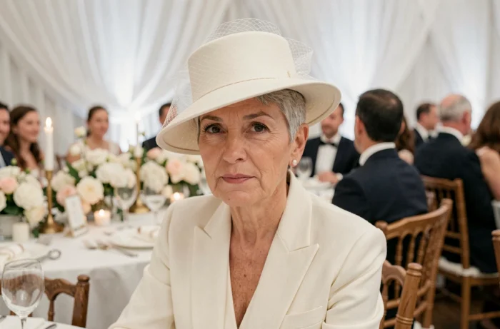 Femme sophistiquée aux cheveux courts poivre et sel portant un chapeau bibi avec voilette lors d'une réception de mariage