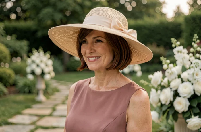 Femme élégante de 50 ans avec bob court portant un chapeau de mariage à large bord dans un jardin fleuri