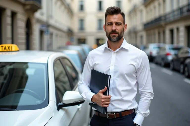 Chauffeur de taxi VSL professionnel tenant ses diplômes et certifications à côté de son véhicule blanc en milieu urbain