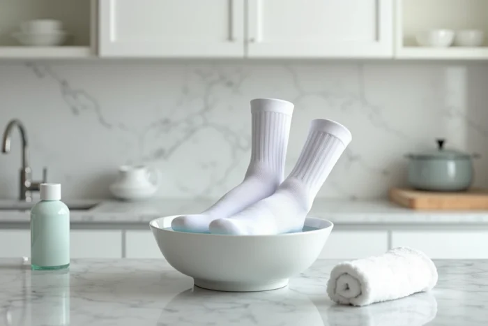 Chaussettes blanches en coton trempées dans un bol d'eau sur un plan de travail en marbre pour les détendre