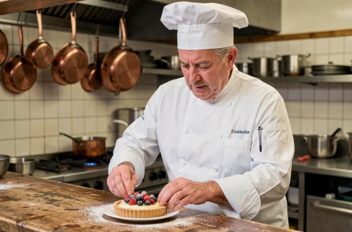 Chef cuisinier du restaurant La Cigale et la Fourchette dressant un dessert artisanal dans une cuisine professionnelle traditionnelle