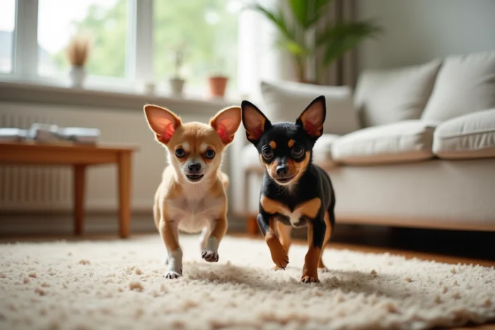 Deux petits chiens, un Chihuahua et un Pinscher nain, jouant dans un foyer d'accueil bénévole près de Langon