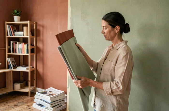 Femme comparant des échantillons de tissu et de peinture pour décorer son salon en cours de rénovation
