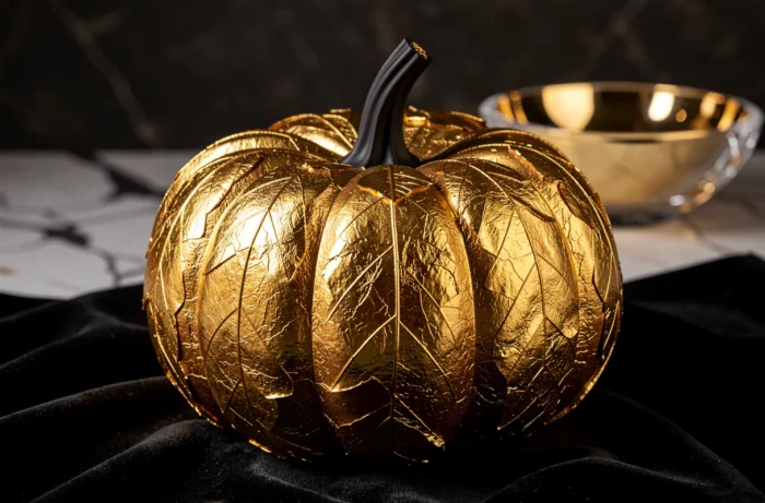 Citrouille entièrement recouverte de feuilles d'or dorées avec des variations naturelles de texture et des craquelures sur fond noir velours