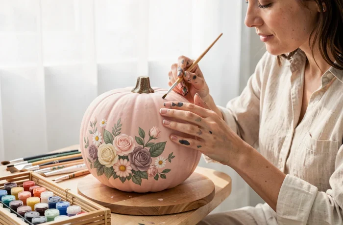 Femme peignant des motifs floraux délicats avec des roses et des feuilles en acrylique sur une citrouille rose pâle avec un pinceau fin