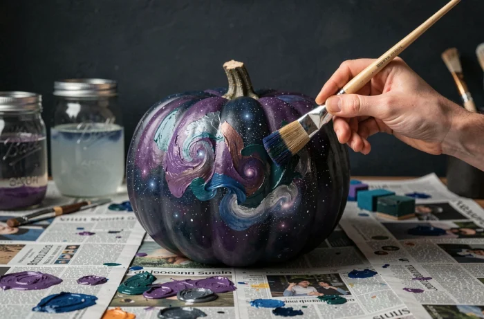 Citrouille galaxie avec des couleurs violettes, bleues et argentées appliquées à l'éponge et des étoiles blanches éclaboussées