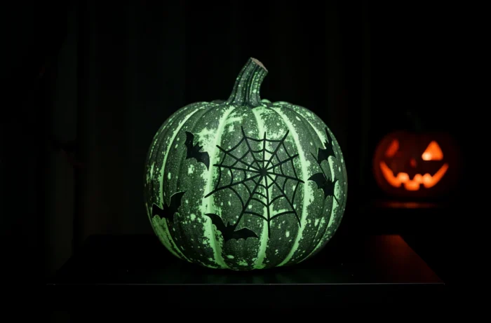 Citrouille phosphorescente émettant une lueur verte dans l'obscurité totale avec des motifs de toiles d'araignée en peinture glow-in-the-dark