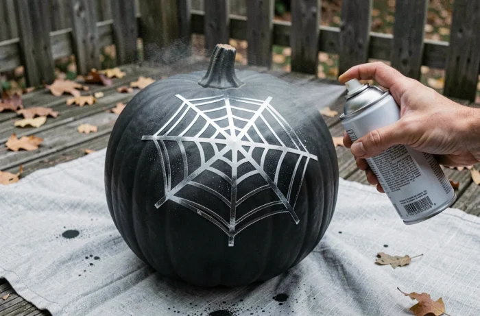 Citrouille noire avec un pochoir de toile d'araignée appliqué à la bombe de peinture blanche en aérosol à l'extérieur