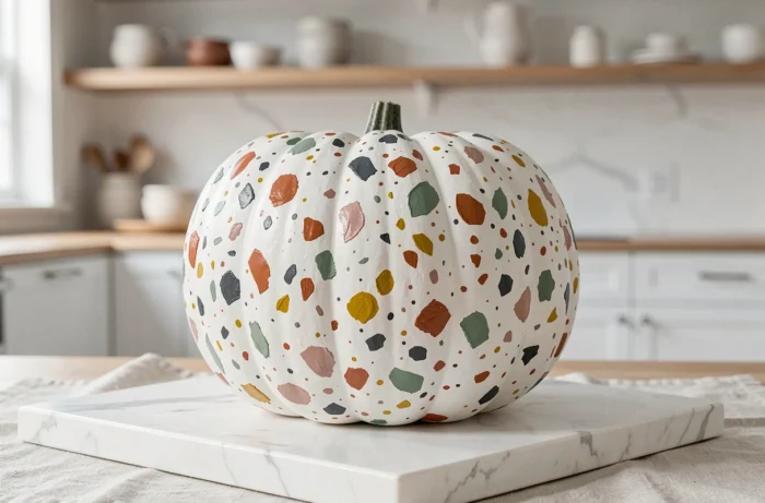 Citrouille terrazzo à base blanche avec des éclaboussures multicolores terracotta, vert sauge et jaune moutarde imitant la pierre