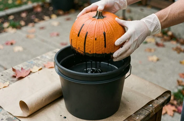 Citrouille trempée à moitié dans un seau de peinture noire mate avec des gouttes qui coulent le long de la peau orange