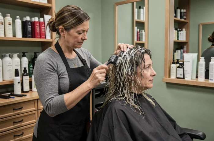 Coiffeuse professionnelle appliquant un soin capillaire sur des cheveux abîmés en salon