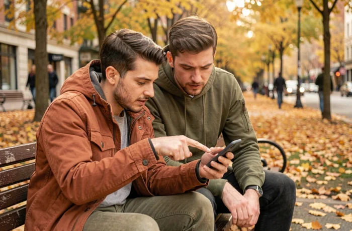 Deux collègues partageant des articles tendances sur smartphone dans un parc urbain en automne