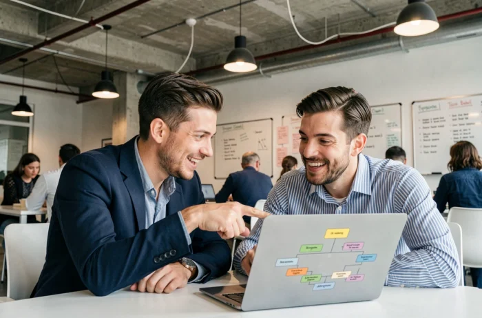 Dos colegas explorando juntos el mapa del sitio Kiwik en un portátil en un espacio de coworking