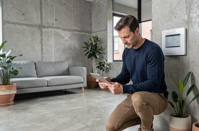 Hombre comparando equipos domóticos para optimizar su hogar contemporáneo