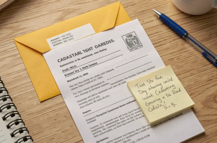 Vista aérea de un extracto catastral y un sobre postal comparados sobre una mesa con anotaciones manuscritas