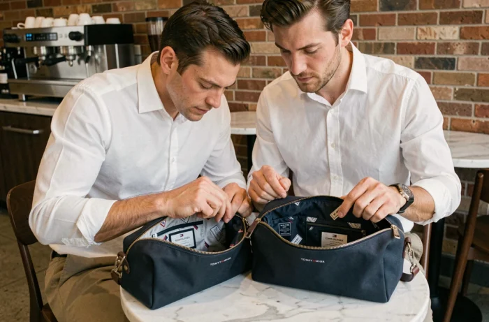 Comparación de un bolso Tommy Hilfiger auténtico y una falsificación sobre una mesa de café urbano