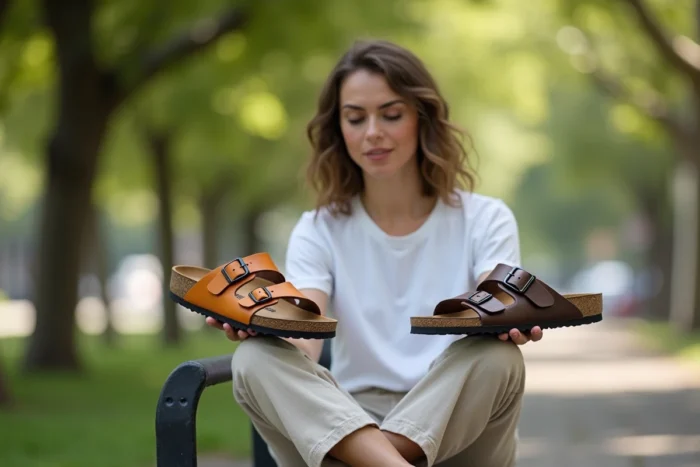 Femme comparant une vraie Birkenstock et une contrefaçon sur un banc de parc, inspectant les détails de la semelle pour distinguer l'authentique du faux