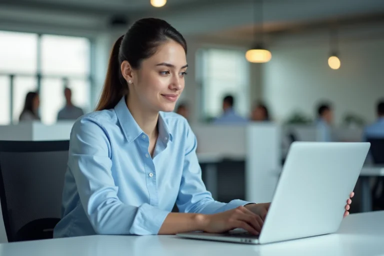 Femme connectée à un webmail académique sur un ordinateur portable dans un bureau professionnel