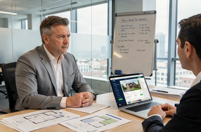 Professionnel de l'immobilier en consultation avec un client pour trouver la location idéale dans un bureau moderne
