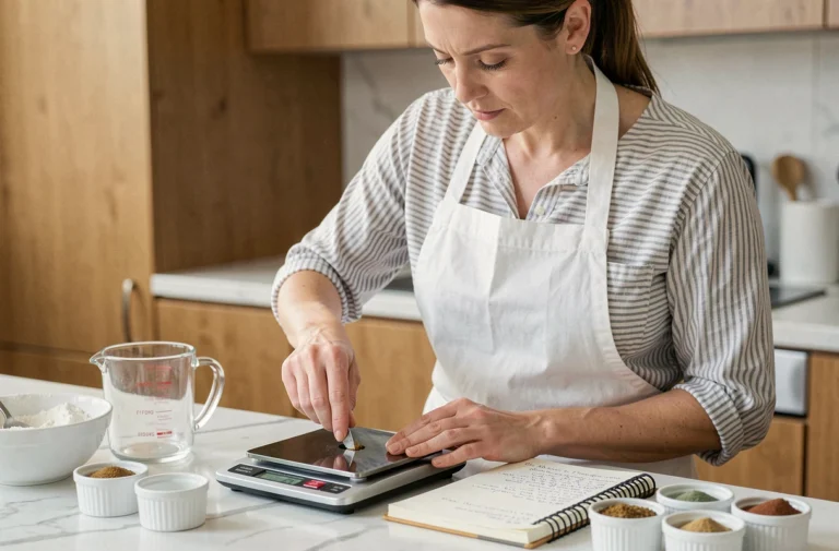 Femme mesurant des ingrédients secs sur une balance de cuisine numérique avec un cahier de recettes ouvert, dans une cuisine moderne et ordonnée