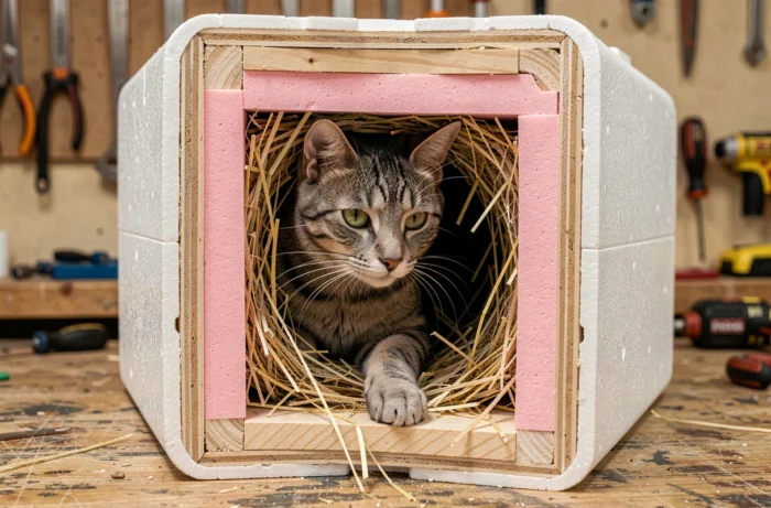 Vue en coupe d'un abri isolé pour chat errant montrant les couches de polystyrène et de paille avec un chat tigré qui explore l'entrée