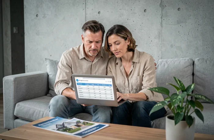 Couple analysant ensemble le ratio loyer-revenus sur un ordinateur portable dans leur appartement