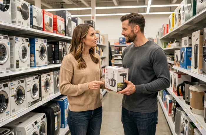 Pareja eligiendo un equipo para el hogar en una tienda de bricolaje