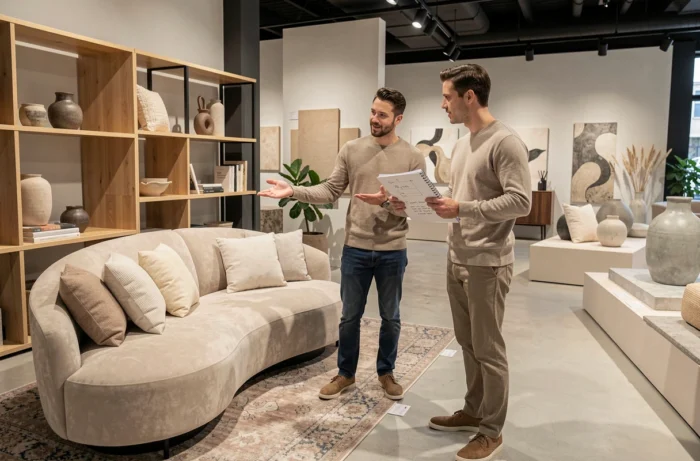 Pareja eligiendo muebles y accesorios decorativos en un showroom de mobiliario moderno